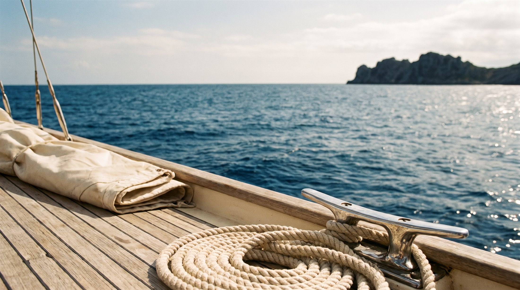 Una cima nautica e il ponte in teak di una barca a vela sul mare.
